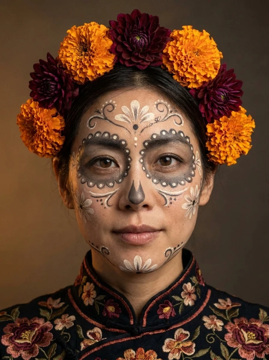 使用本工具和示例输入照实际生成的 Catrina 亡灵节写真 — 万寿菊花冠