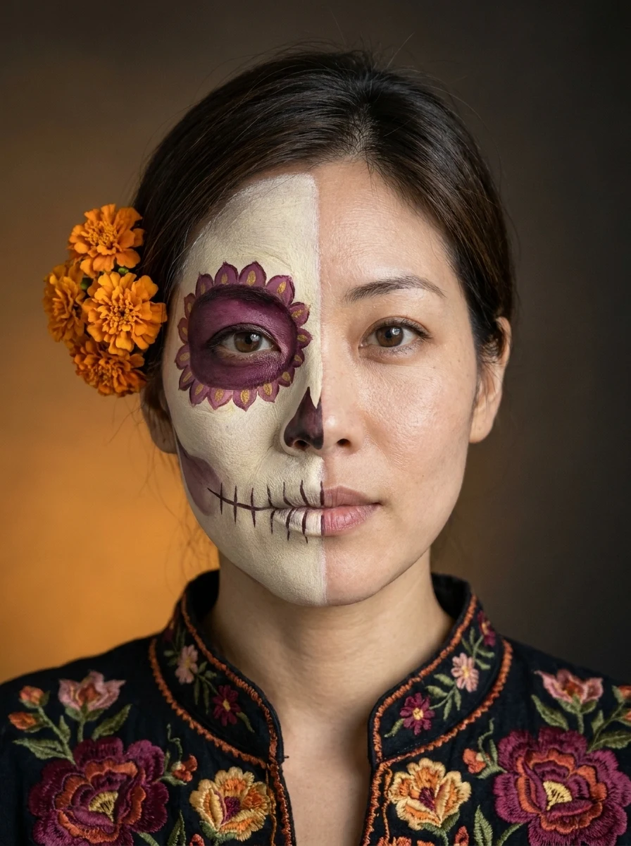 使用本工具和示例输入照实际生成的 Catrina 亡灵节写真 — 半脸彩绘