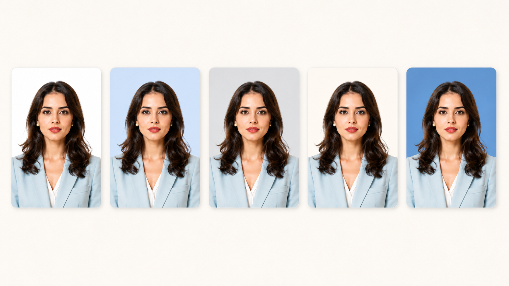 Same AI ID portrait with white, blue, gray, and custom backgrounds