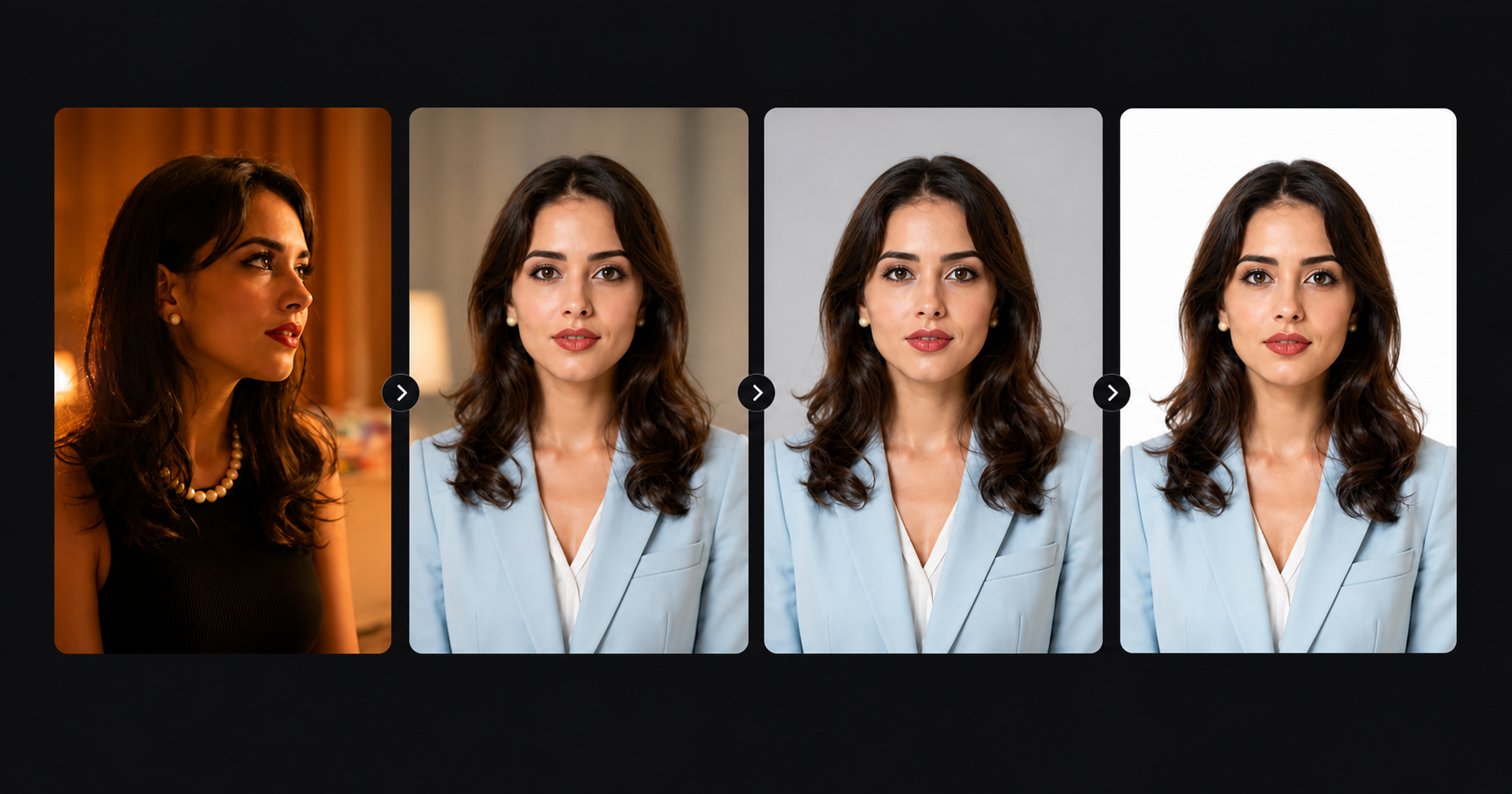 Four-step AI ID photo process from casual portrait to compliant document photo