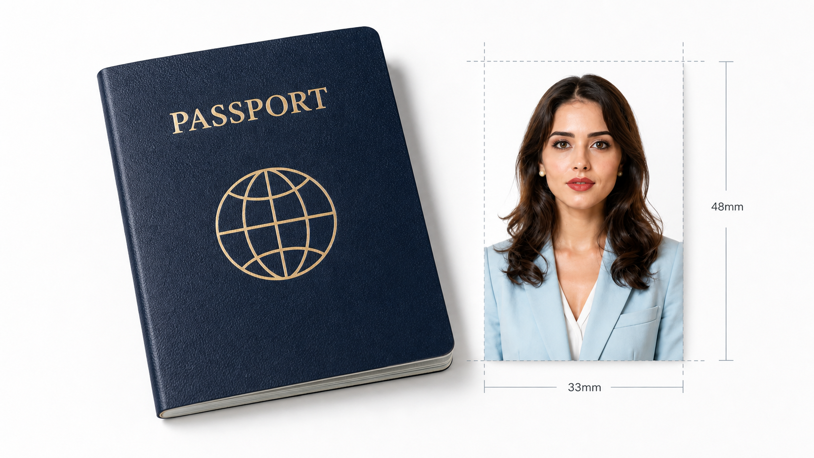 Passport booklet and measured AI ID photo crop