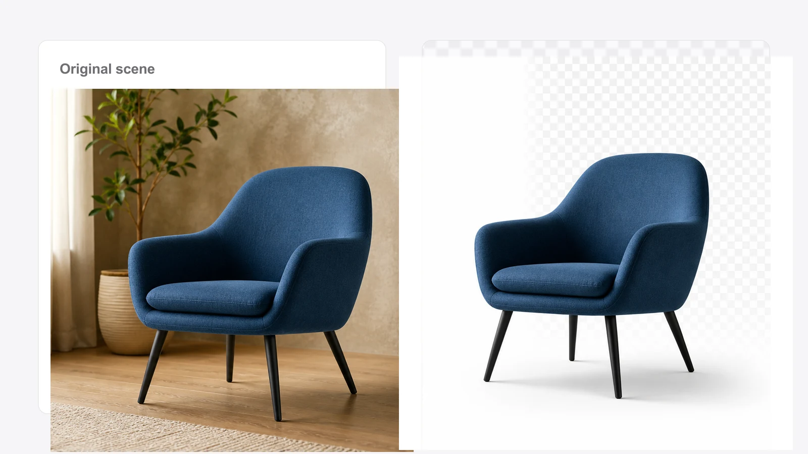 Original chair scene and clean subject cutout preview