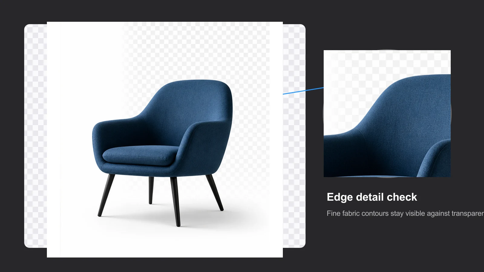 Background removal edge detail preview around blue fabric chair