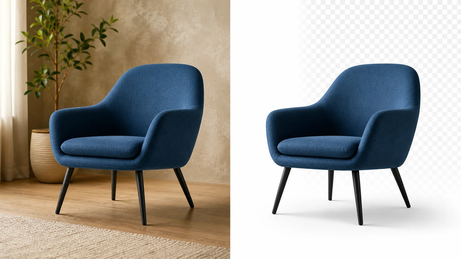 AI Remove Background example showing a chair isolated from a home interior